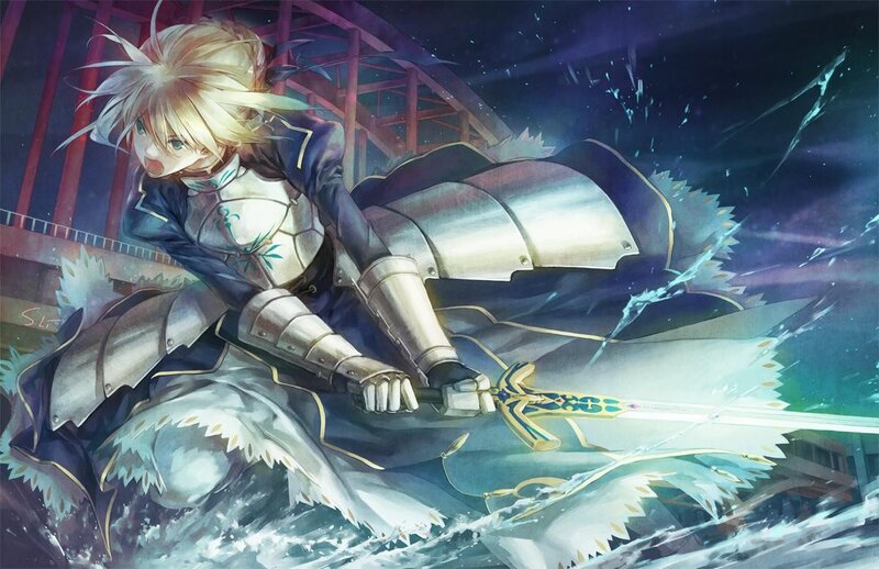 Blonde Knight with Sword — Blue, Dramatic, Night, Anime, Armor, Water