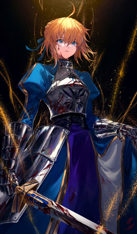 Blonde Knight with Sword — Blue, Dramatic, Night, Digital Art