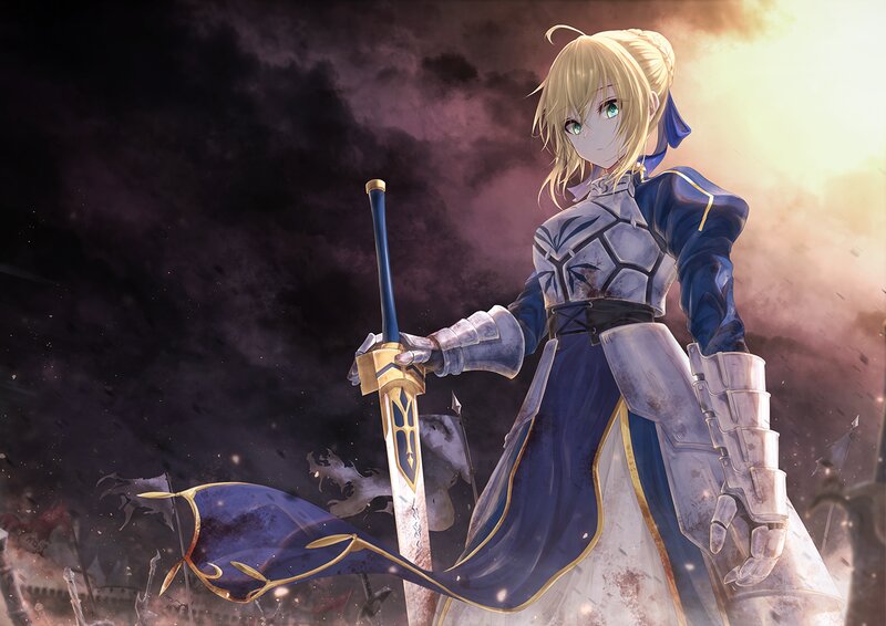 Blonde Knight with Sword — Blue, Dramatic, Sunset, Anime