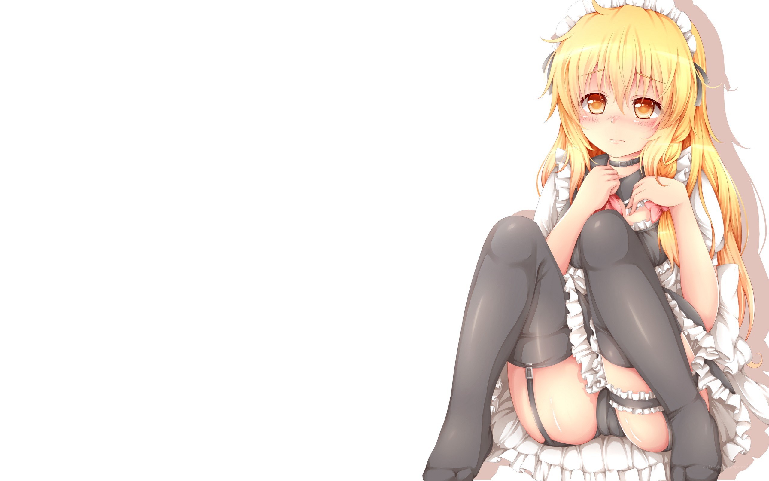 blonde maid character sitting