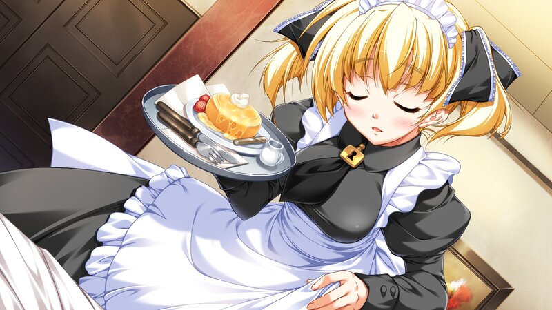 Blonde Maid Holding Tray — White, Calm