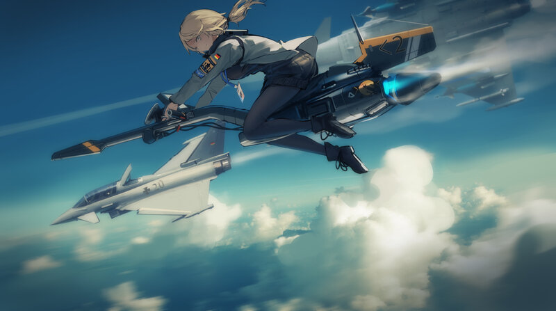 Blonde Pilot on Jetpack — Blue