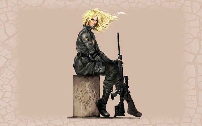 blonde sniper in military gear