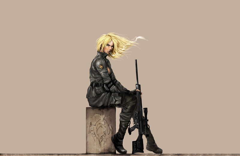 blonde sniper in military gear