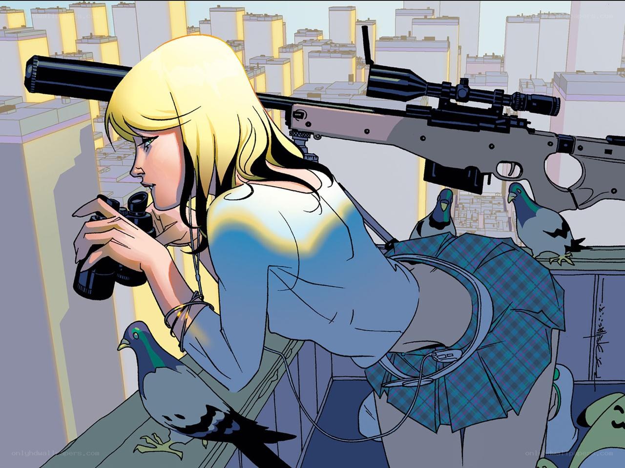 Blonde sniper with binoculars