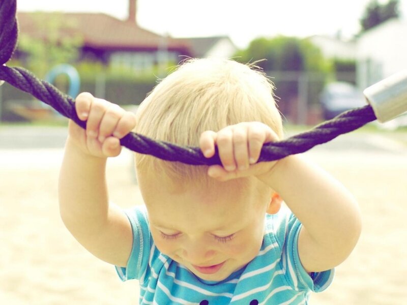 Blonde Toddler on Rope — Blue