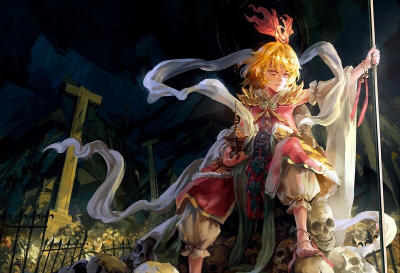 Blonde warrior in a graveyard