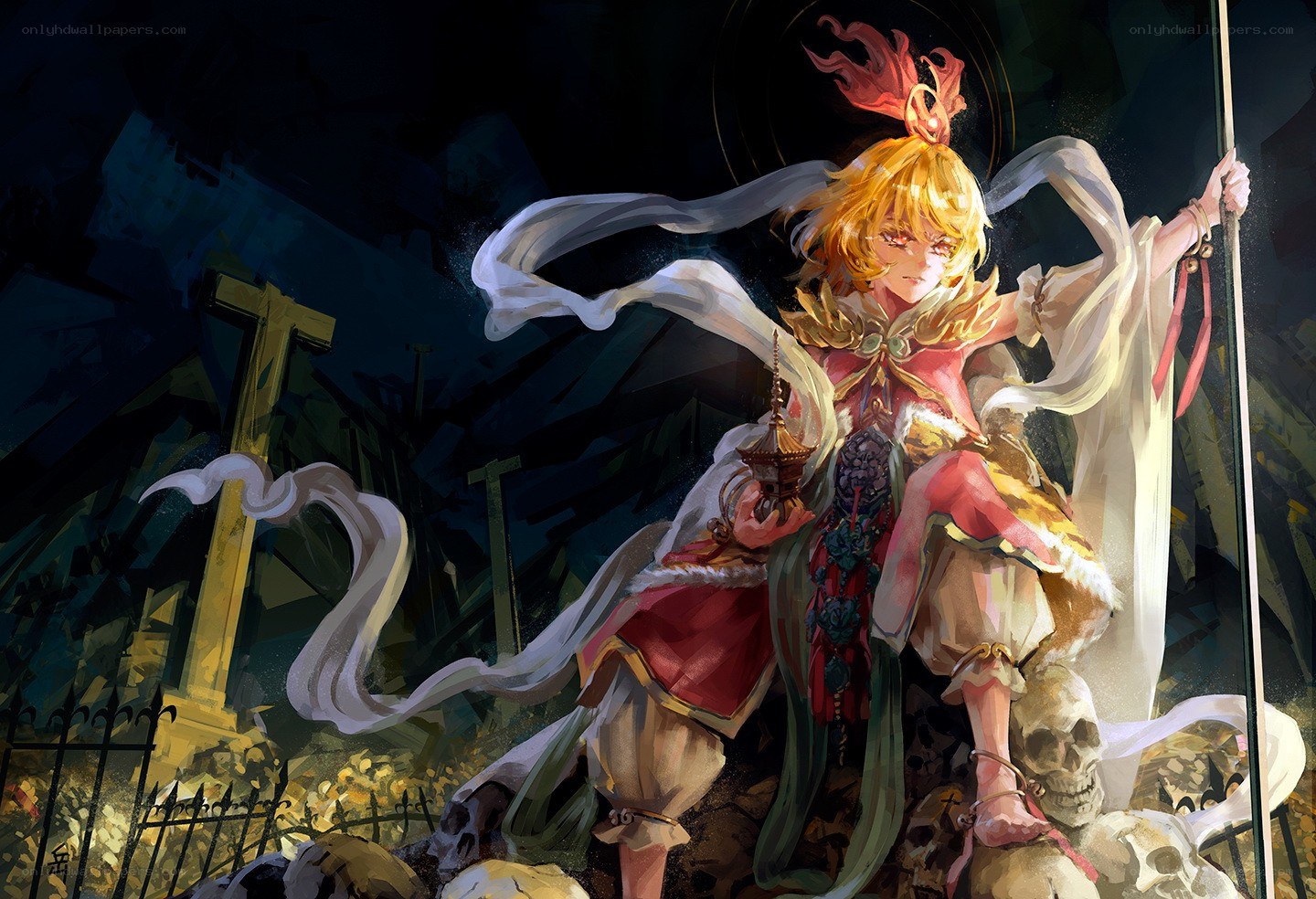 Blonde warrior in a graveyard