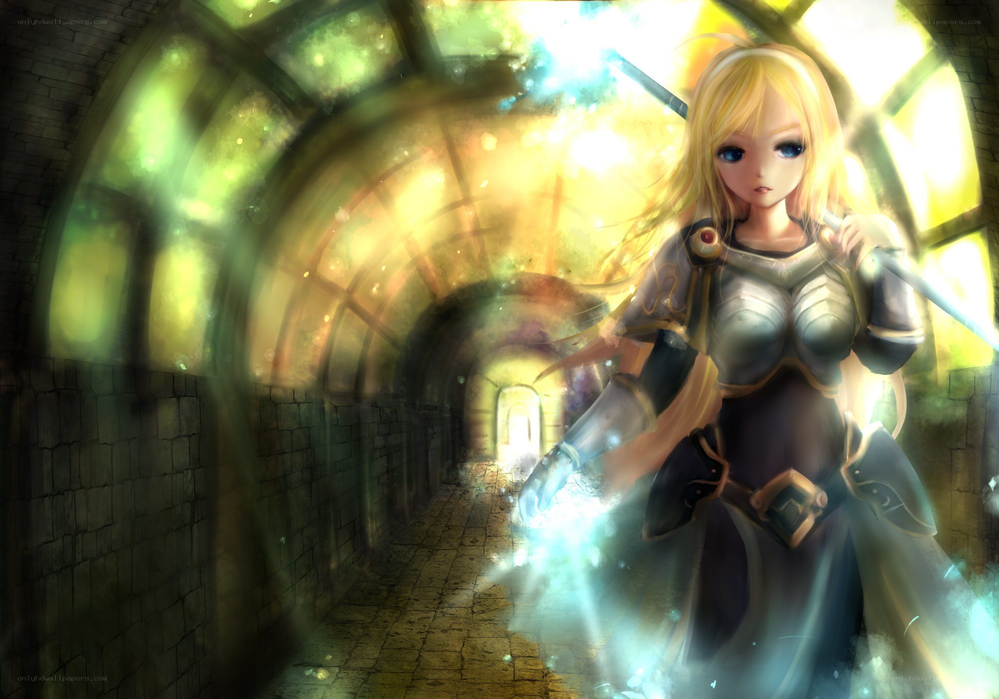 Blonde warrior in a magical tunnel