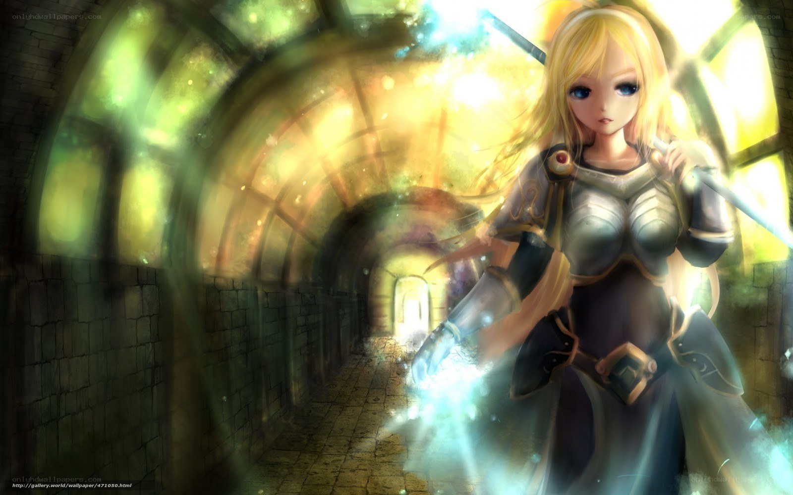 Blonde warrior in a stone tunnel