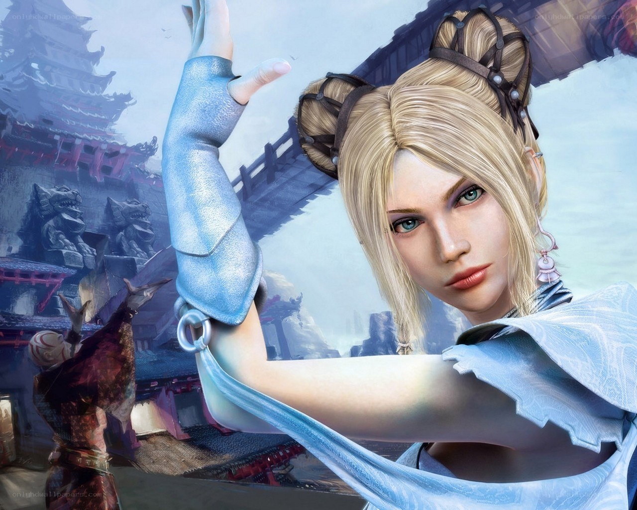 Blonde warrior in ancient city