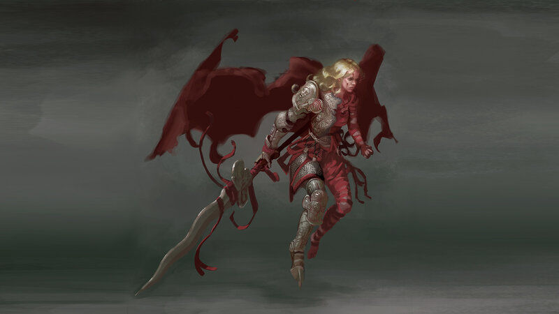 Blonde Warrior in Armor — Gray, Dramatic, Digital Art, Sword