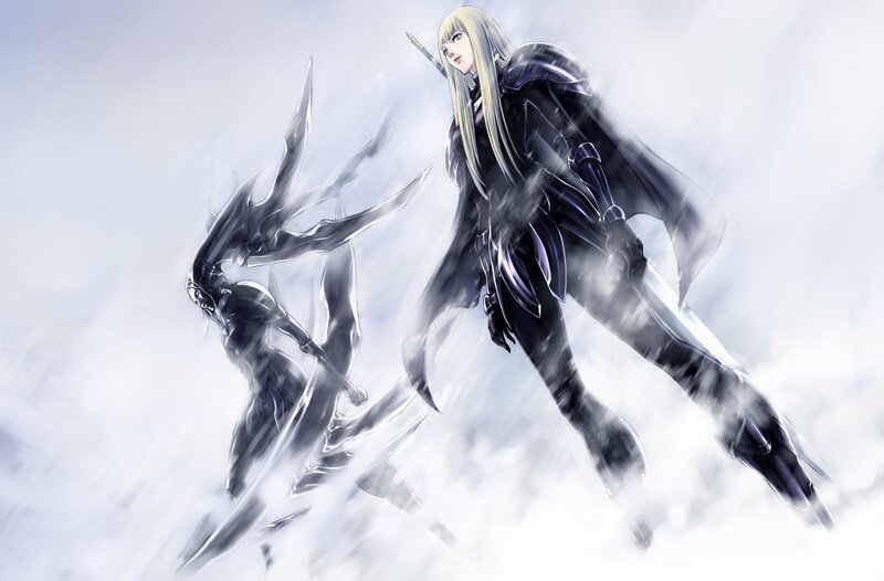 Blonde Warrior in Black Armor — Dramatic, Manga, Sword, Clouds