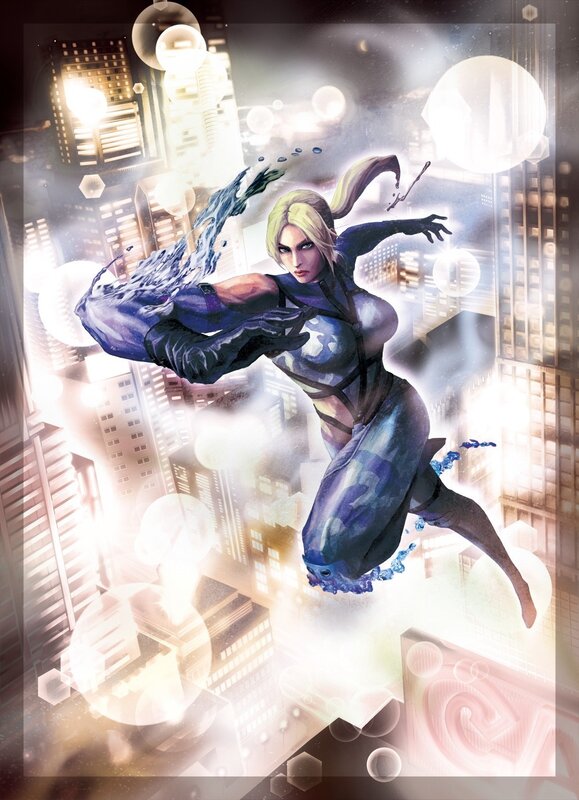 Blonde warrior in cityscape