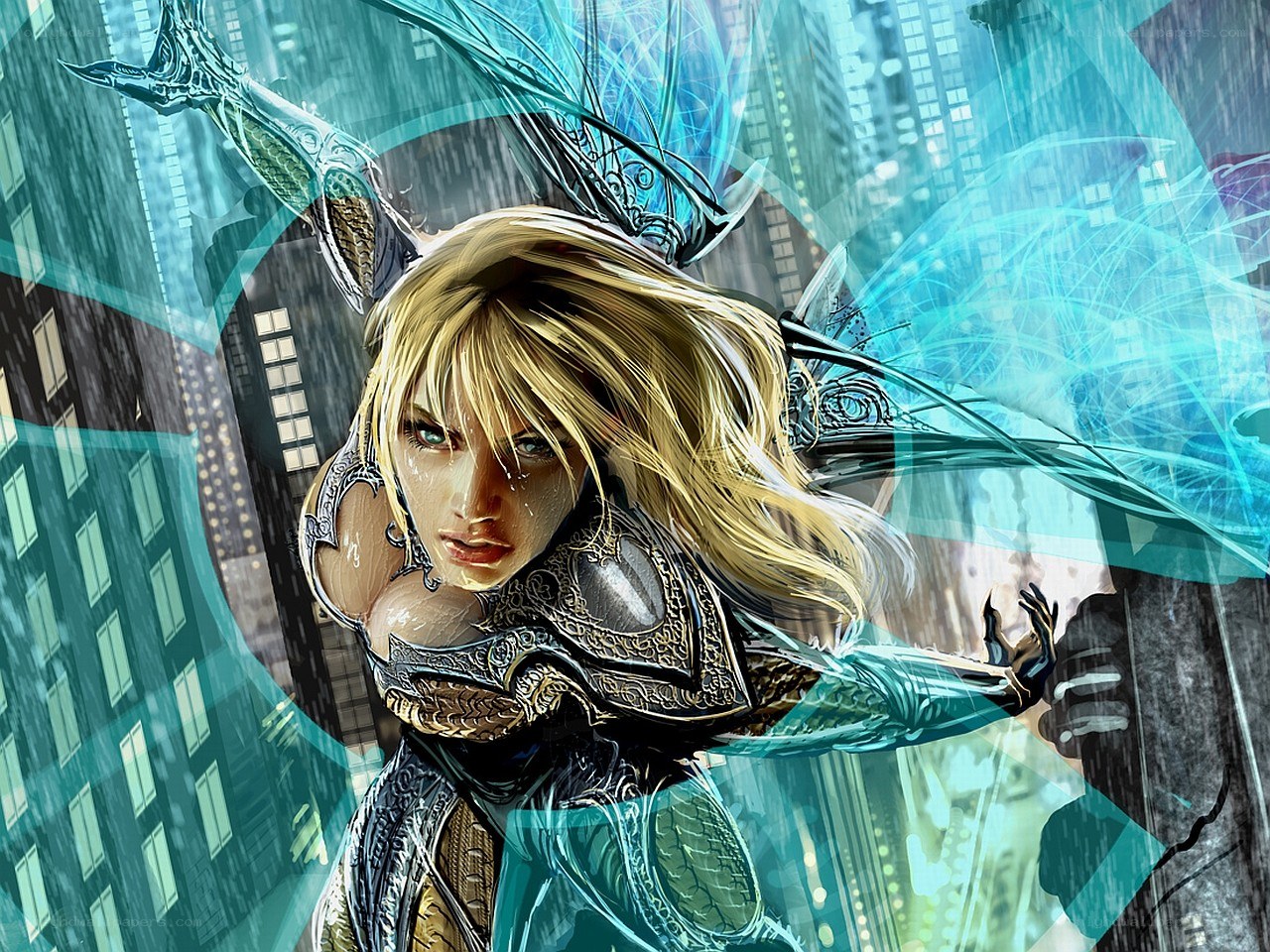 Blonde warrior in futuristic city