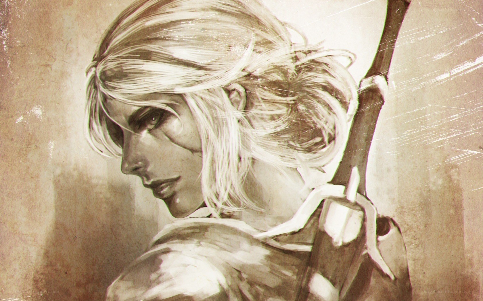 blonde warrior in sepia