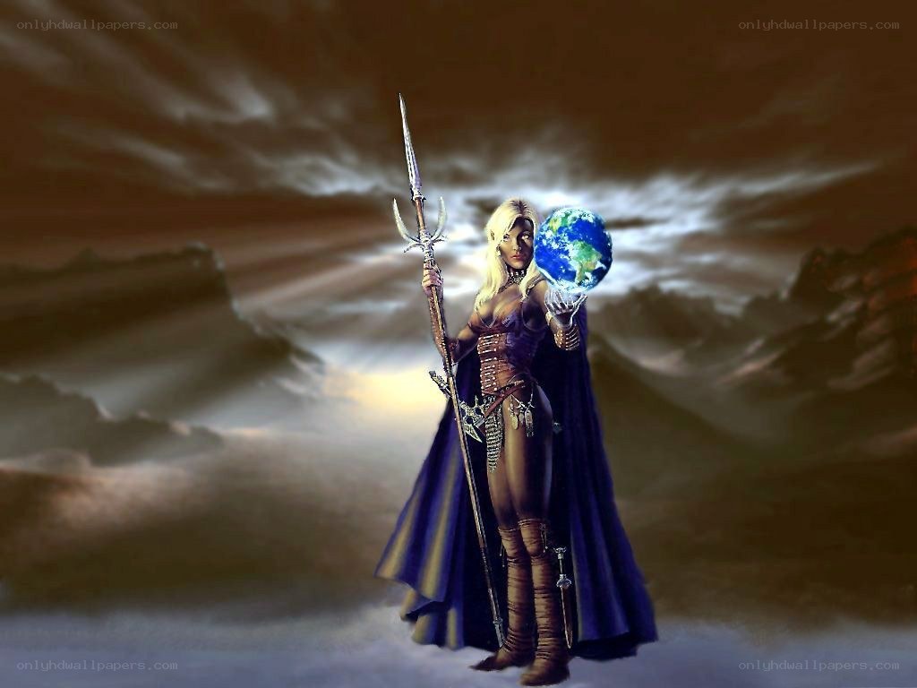 Blonde warrior with globe and spear