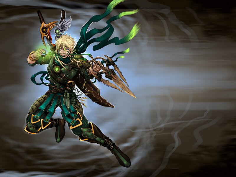 blonde warrior with green weapons