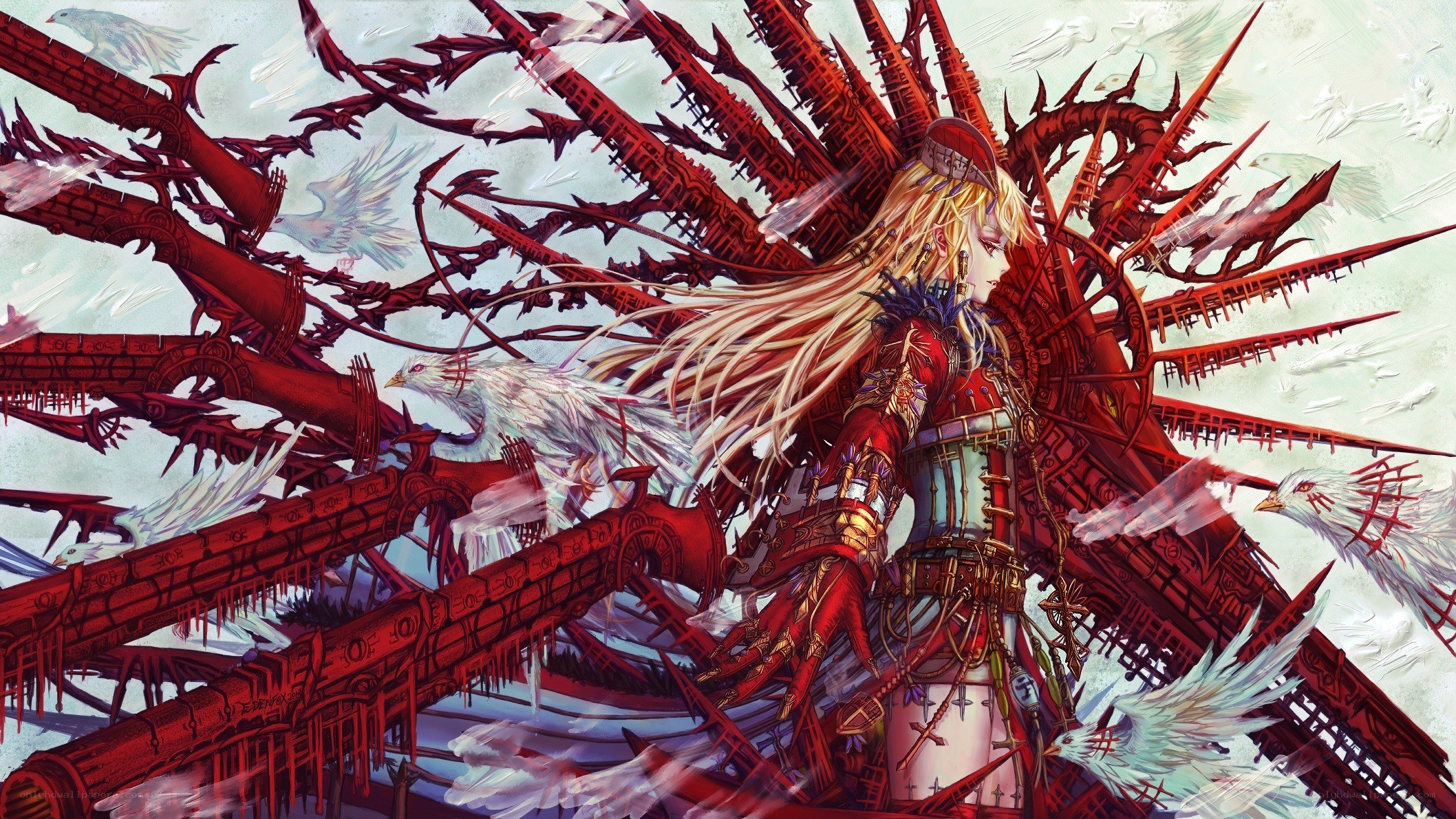 Blonde warrior with red mechanical wings