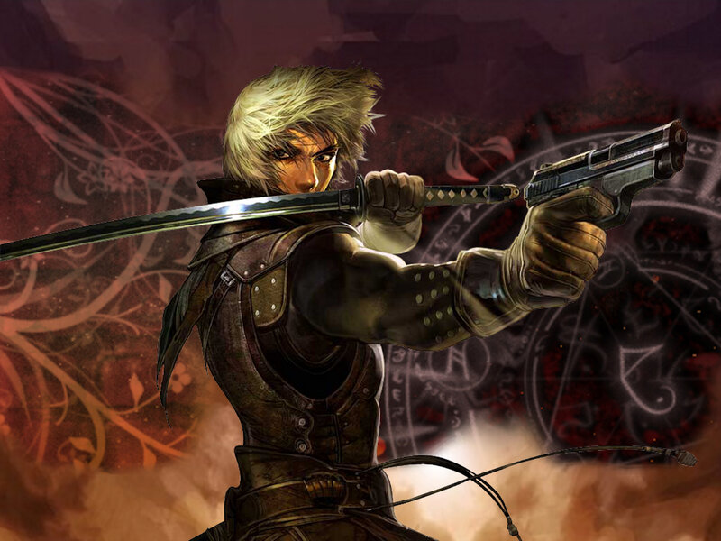 Blonde warrior with sword and gun