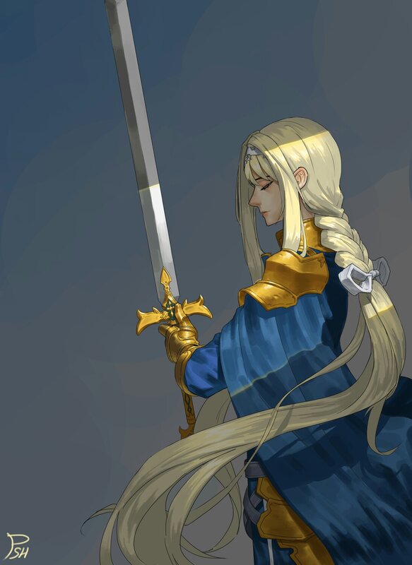 Blonde Warrior with Sword — Blue, Dramatic, Digital Art, Armor, Braid