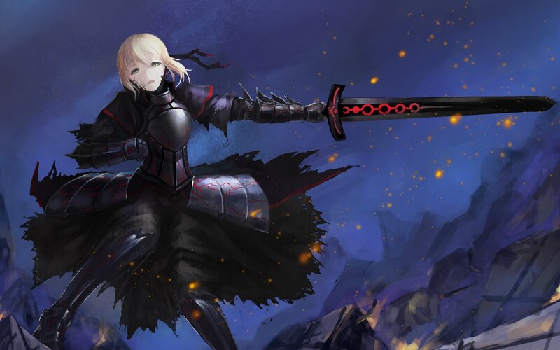 Blonde Warrior with Sword — Blue, Dramatic, Night