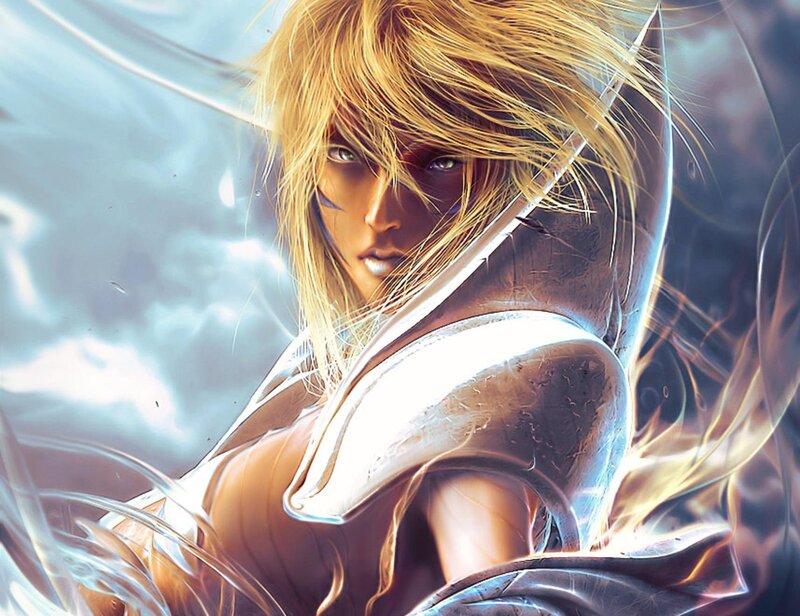 Blonde Warrior with Sword — Gold, Dramatic, Digital Art