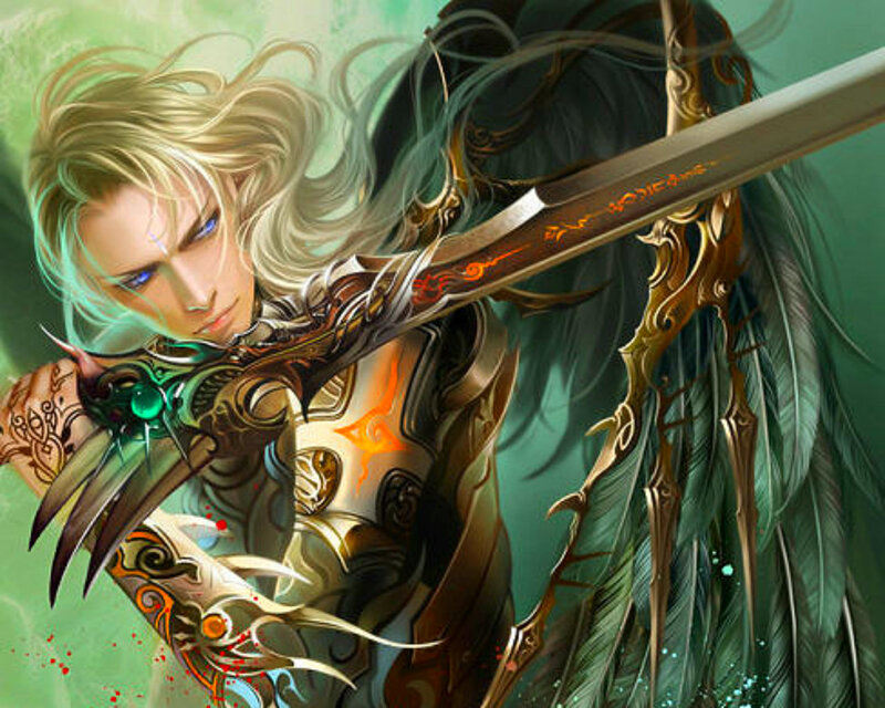 Blonde Warrior with Sword — Green, Dramatic, Digital Art