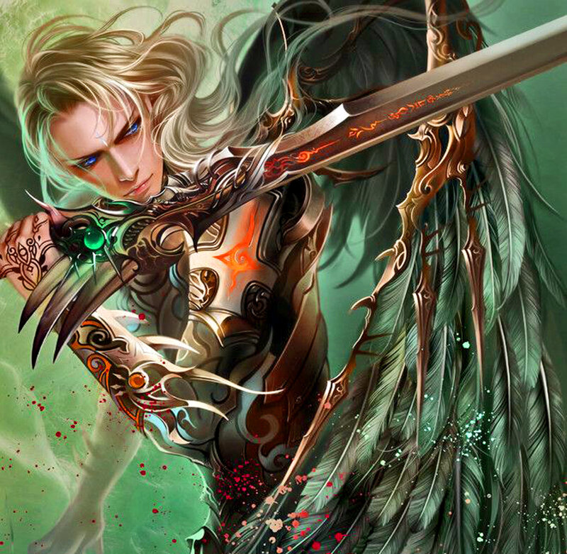 Blonde Warrior with Sword — Green, Dramatic