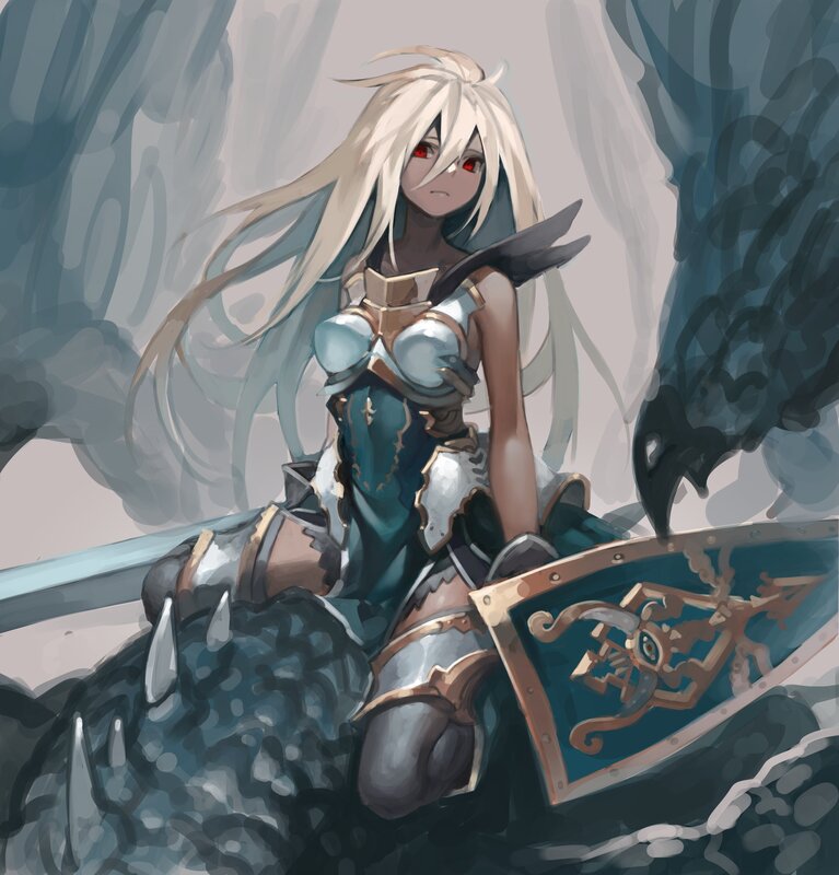 Blonde Warrior Woman — Blue, Dramatic, Digital Art, Shield