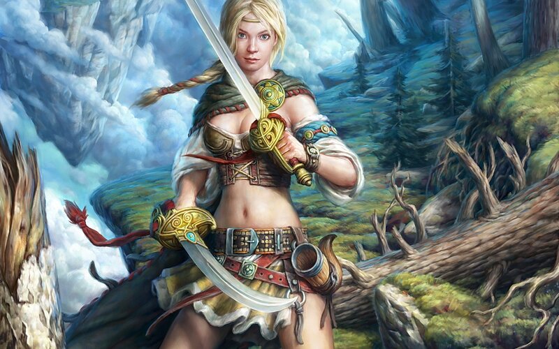 Blonde Warrior Woman — Blue, Dramatic, Digital Art, Sword, Forest