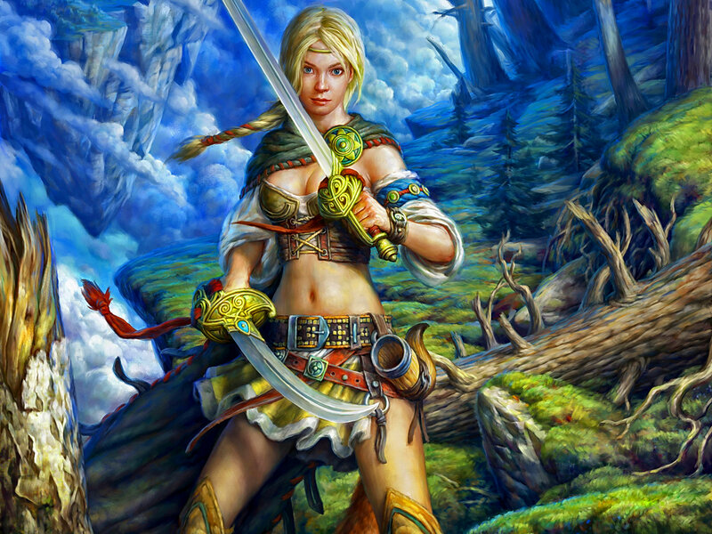 Blonde Warrior Woman — Blue, Dramatic, Digital Art, Sword