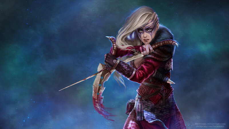 Blonde Warrior Woman — Blue, Dramatic, Night, Digital Art
