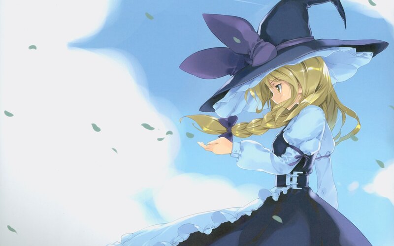 blonde witch in a blue sky