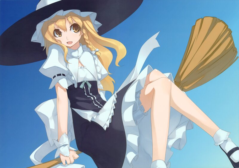 Blonde Witch on Broom — Blue, Calm, Afternoon