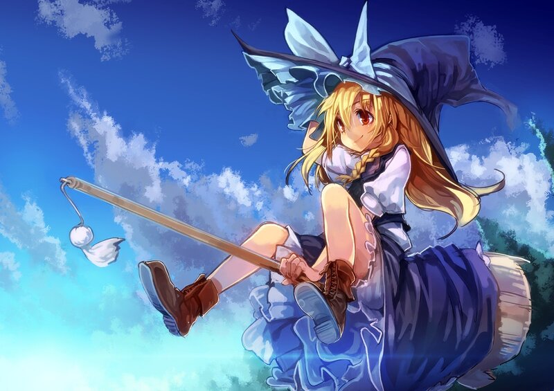 Blonde Witch on Broom — Blue, Serene, Afternoon, Anime