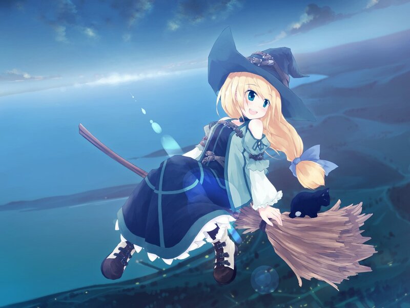 Blonde Witch on Broom — Blue, Serene, Sunset