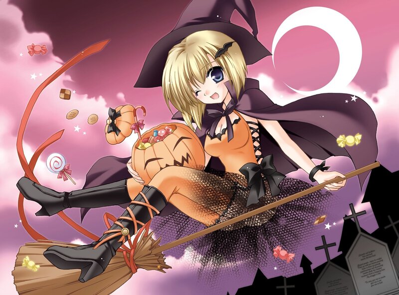 Blonde Witch on Broom — Purple, Playful, Night, Anime, Pumpkin Basket
