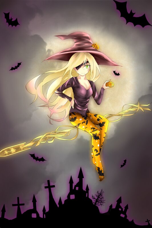 Blonde Witch on Broom — Purple, Spooky
