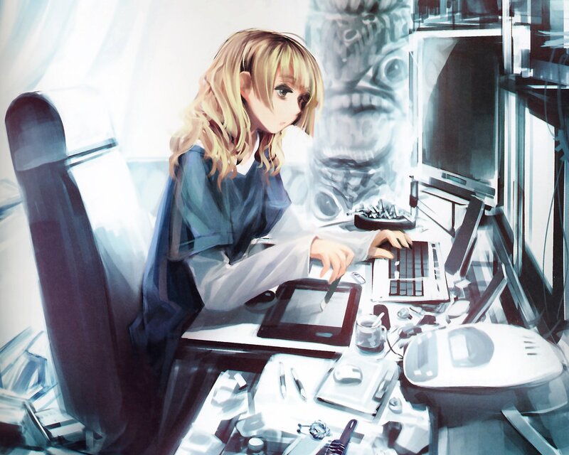 Blonde Woman at Desk — Blue