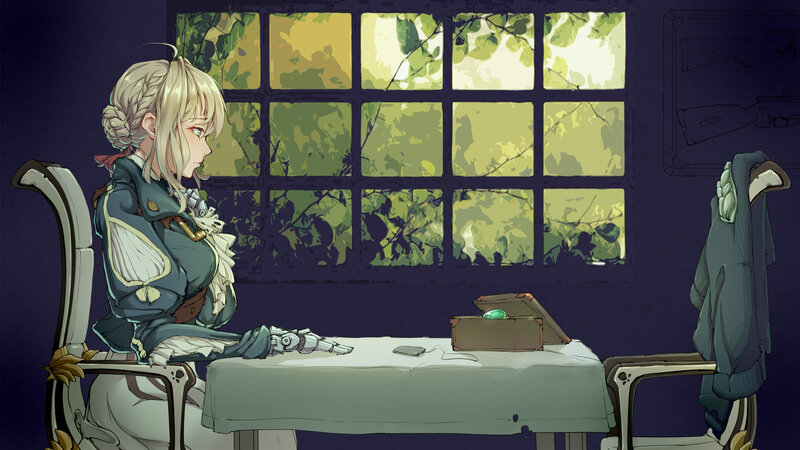 Blonde Woman at Table — Purple