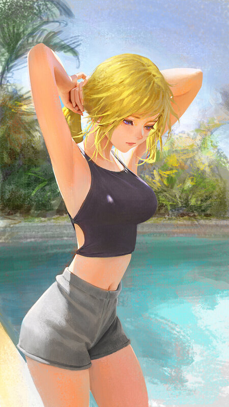 Blonde Woman by Pool — Blue