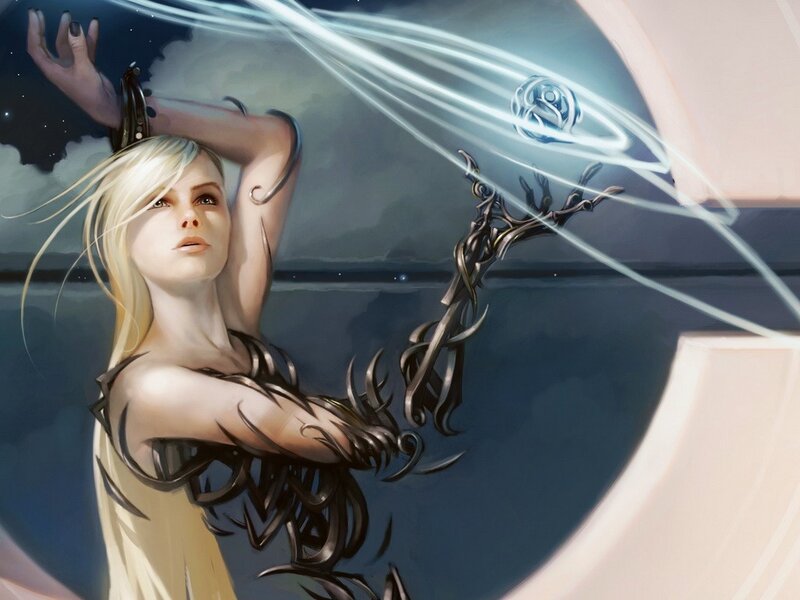 Blonde woman casting magic spell