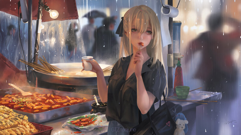 Blonde Woman Eating Street Food