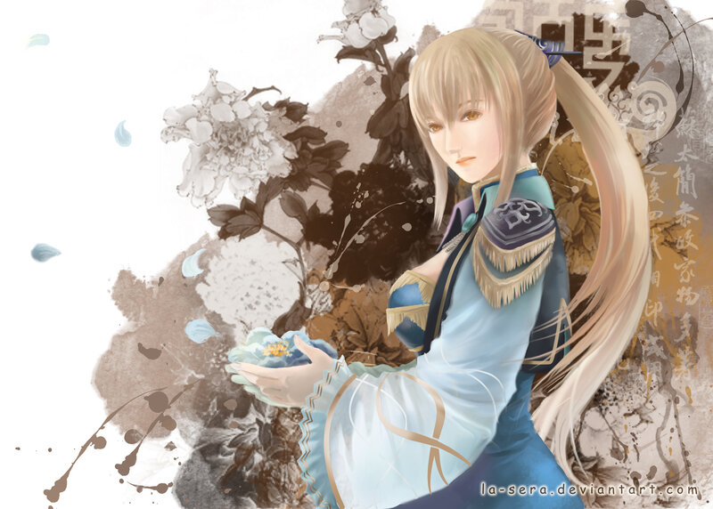 Blonde Woman Holding Flower — Blue