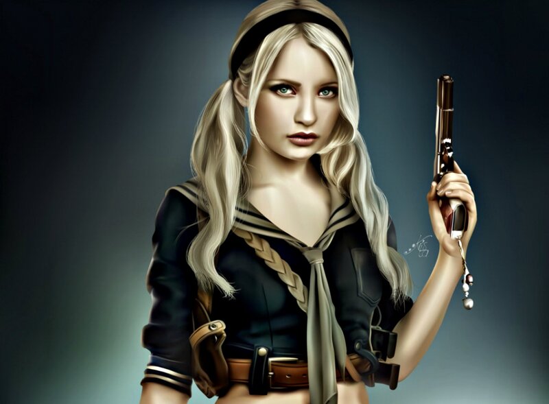Blonde Woman Holding Gun — Black, Dramatic, Digital Art