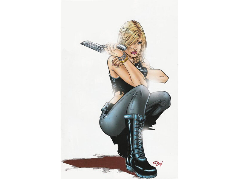 Blonde Woman Holding Gun — Black, Dramatic