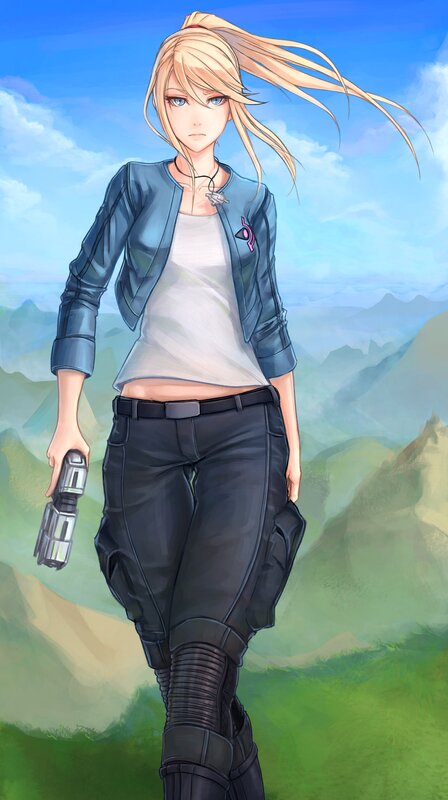 Blonde Woman Holding Gun — Blue, Determined