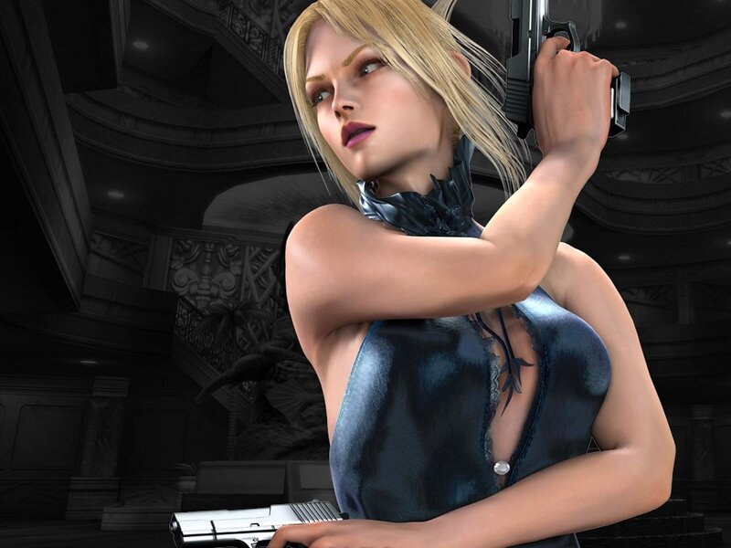 blonde woman holding guns