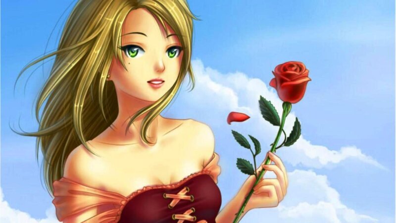 Blonde Woman Holding Rose — Blue